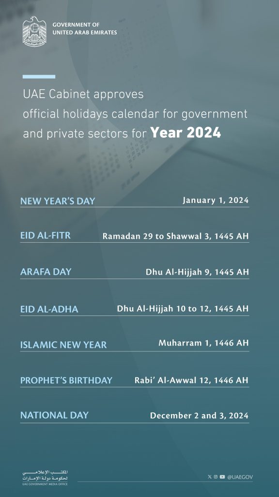 Official holidays calendar for government and private sectors for year